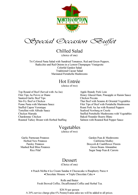 Special Occasion Buffet Menu Northampton Valley Country Club