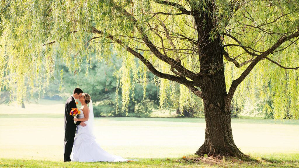 bride and groom out on the course